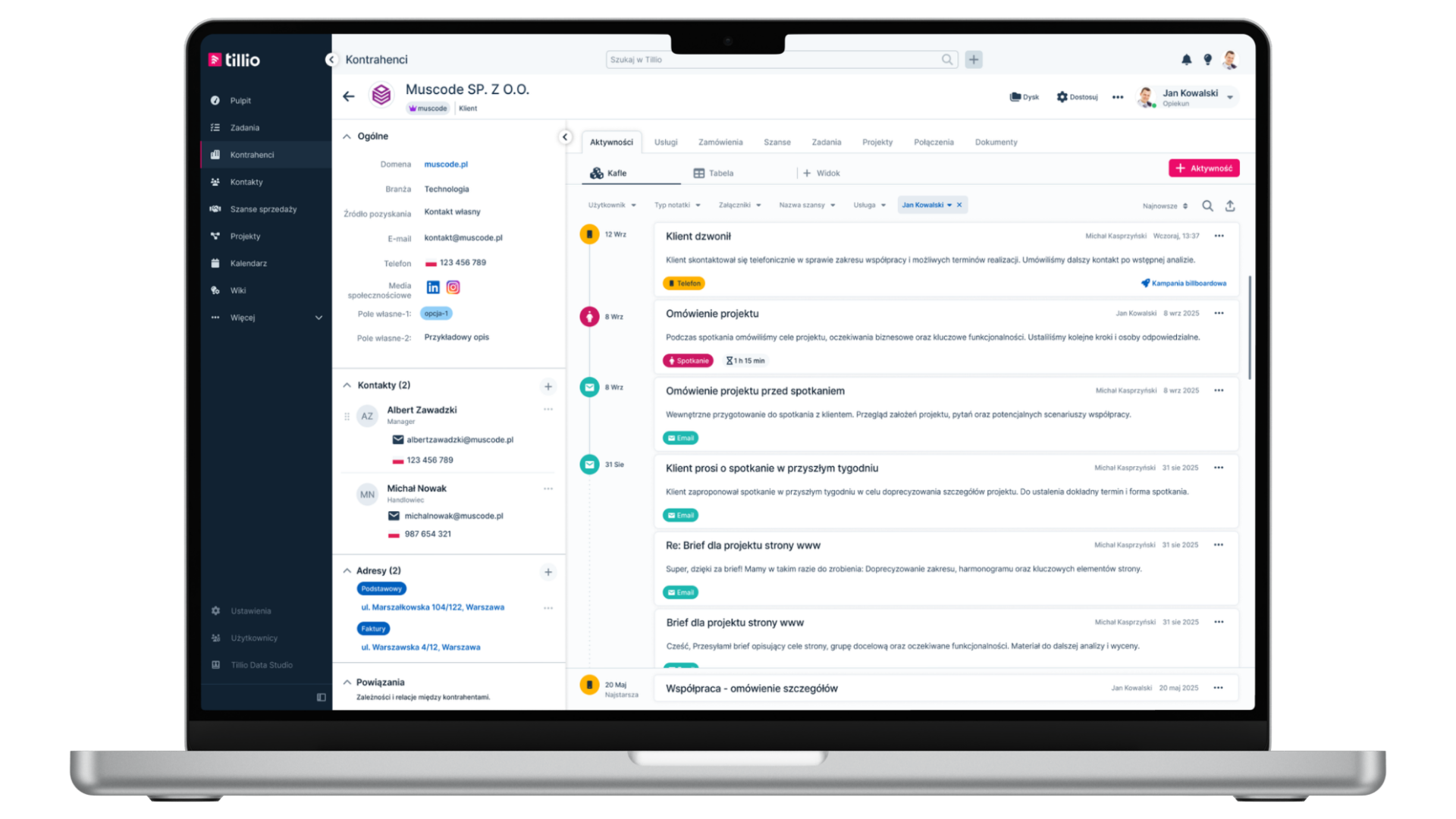 Interfejs systemu Tillio CRM