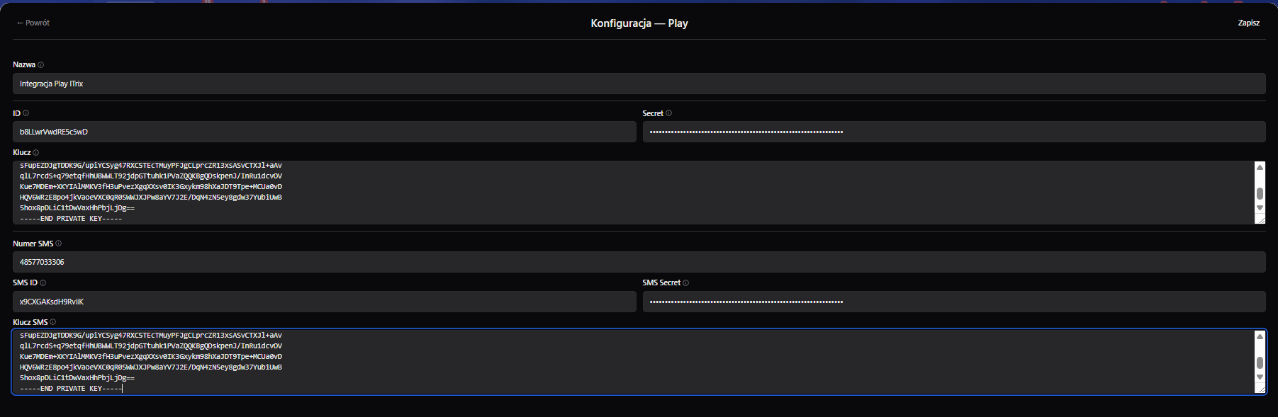 Uzupełniona konfiguracja integracji Play