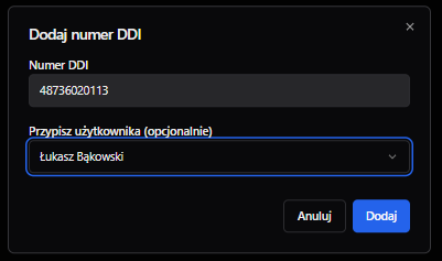 Dodawanie numeru DDI i przypisanie go do użytkownika