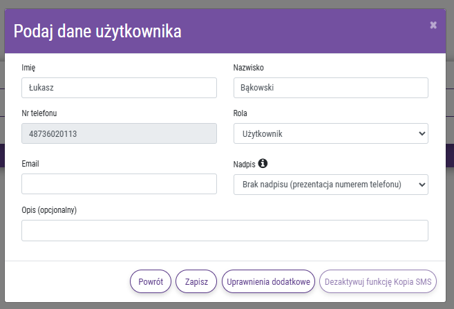 Edycja danych użytkownika Wirtualnej Centralki Play