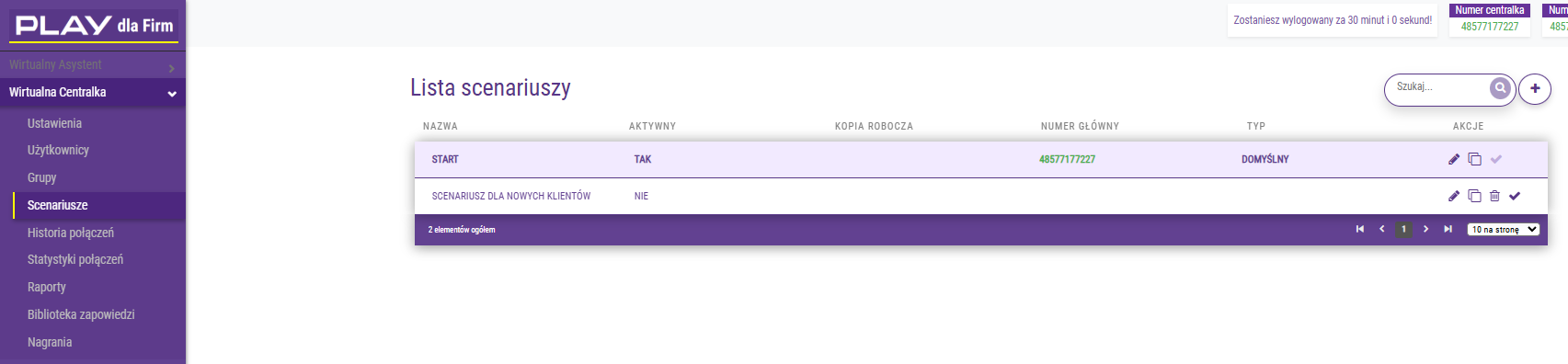 Lista scenariuszy Wirtualnej Centralki Play