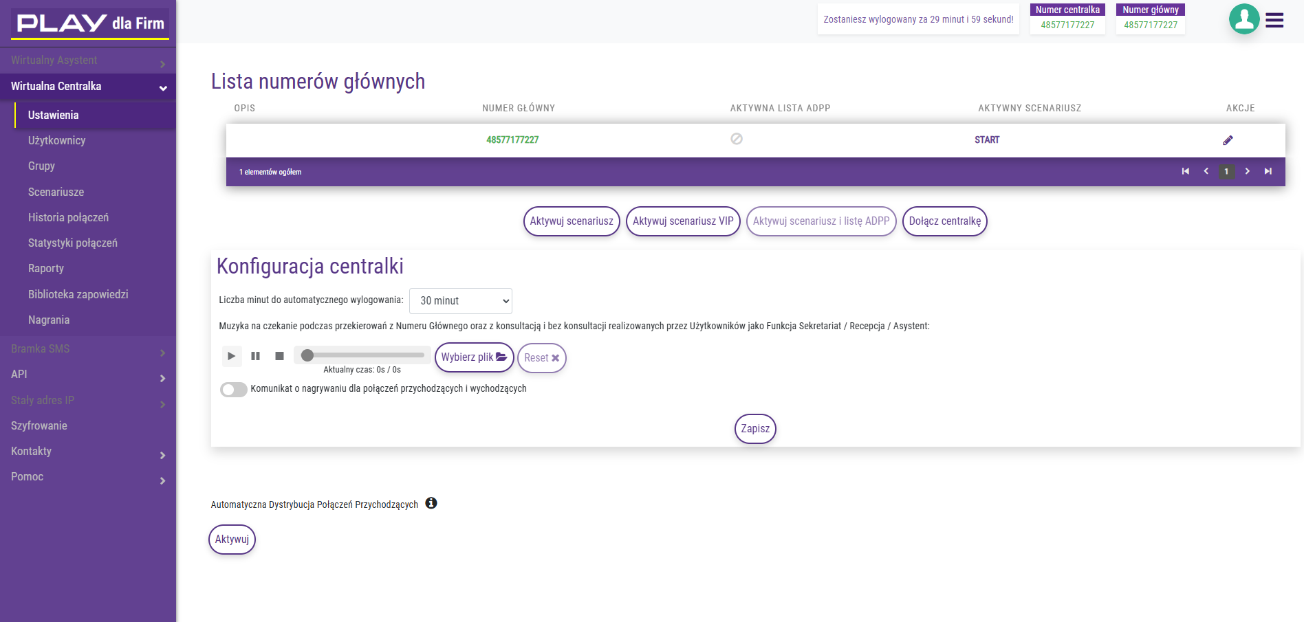 Konfiguracja scenariusza przekierowania numeru głównego w Wirtualnej Centralce Play z obsługą odebranego i nieodebranego połączenia